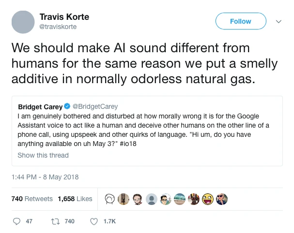 Some of the conversation suggesting how AI voices should not mimic human qualities