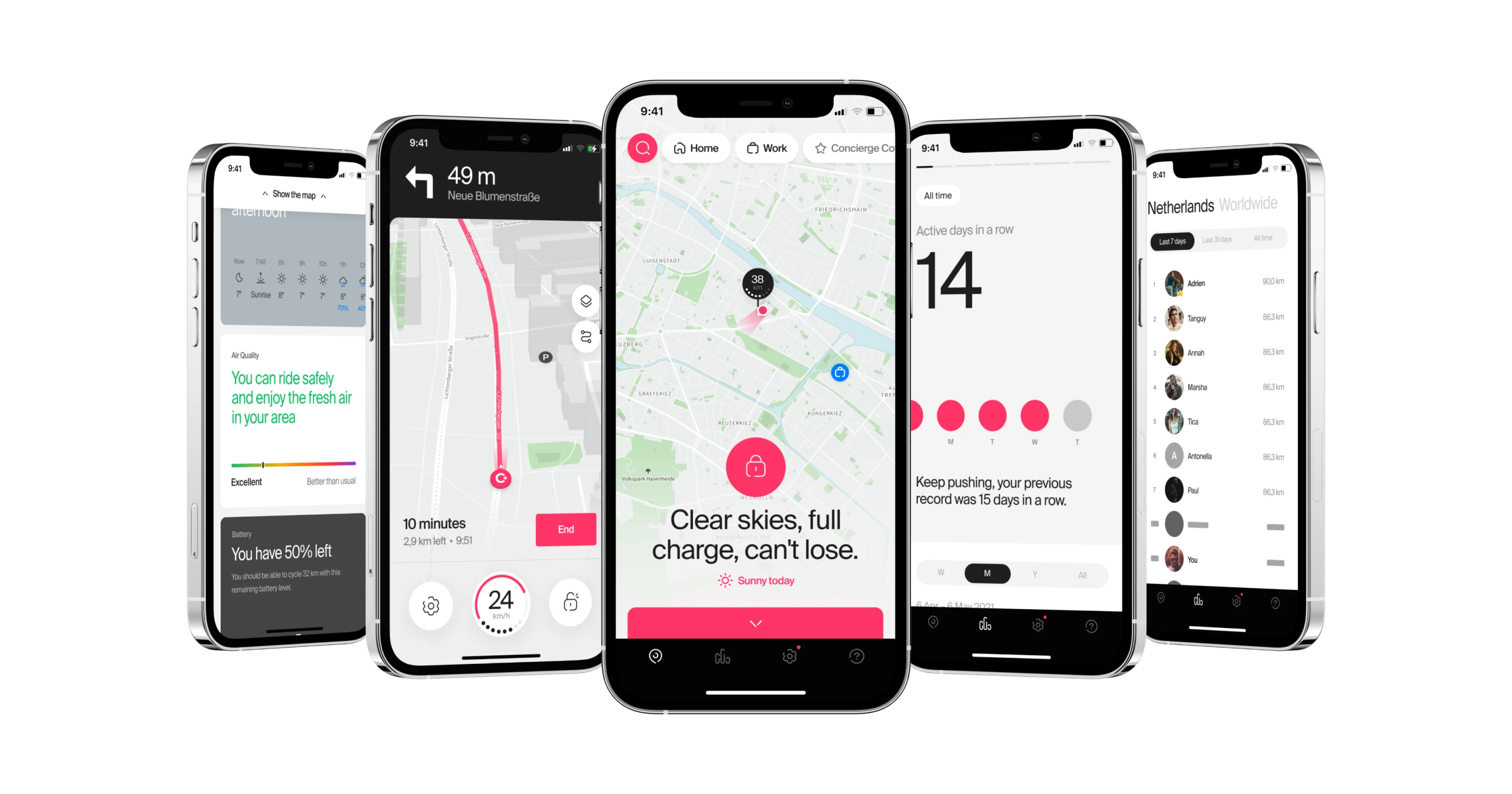 The new Cowboy app shows battery status, presents en-route weather and air quality info, turn-by-turn navigation, and live fitness data
