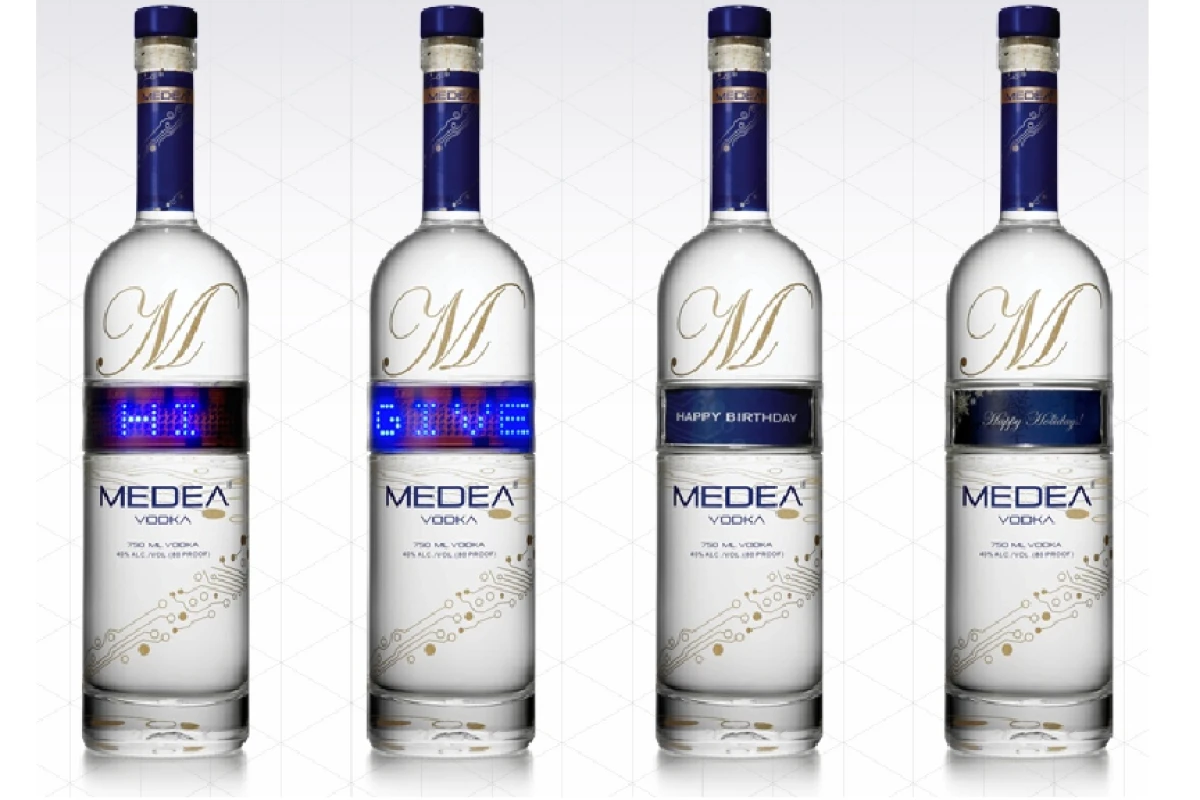 Medea vodka bottles have an LED ticker on them to help "get your message across"