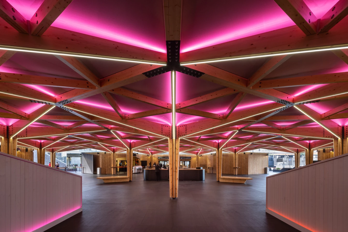 ABBA Arena's interior is arranged in a hexagonal shape and features an eye-catching timber ceiling