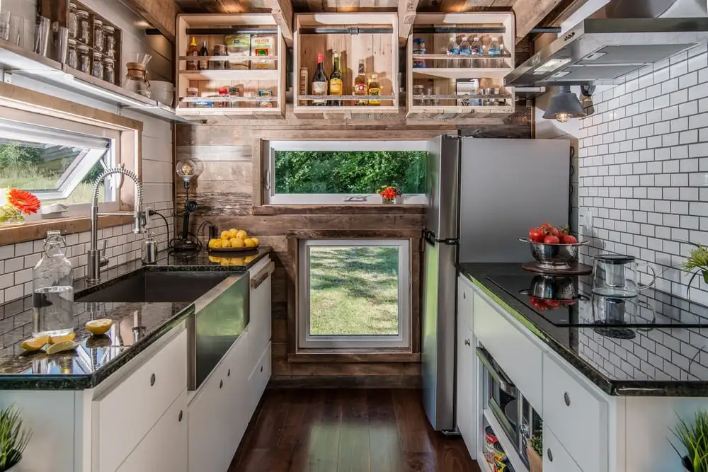 The Alpha's kitchen features stainless steel appliances