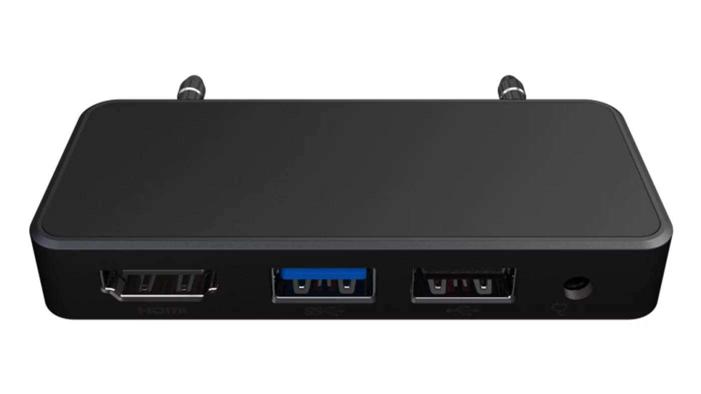 The body of the product slots into a small dock that provides an HDMI port, one USB 2.0 and a single USB 3.0 port