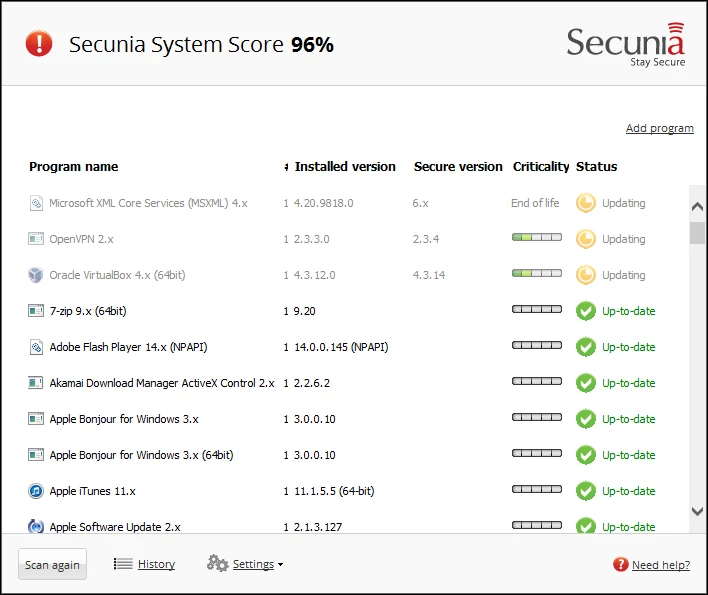 Secunia PSI checks for outdated software