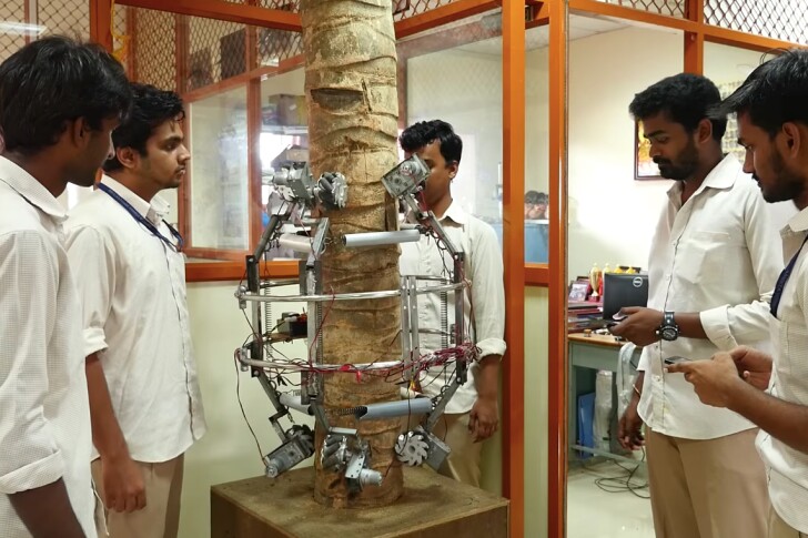 The Amaran robot is placed around a tree trunk in the lab