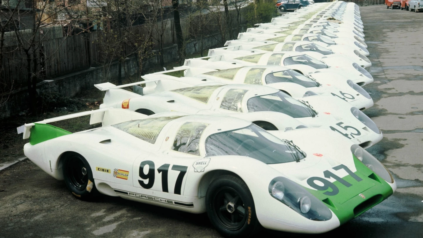 The first edition batch of 25 Porsche 917s lined up in 1970
