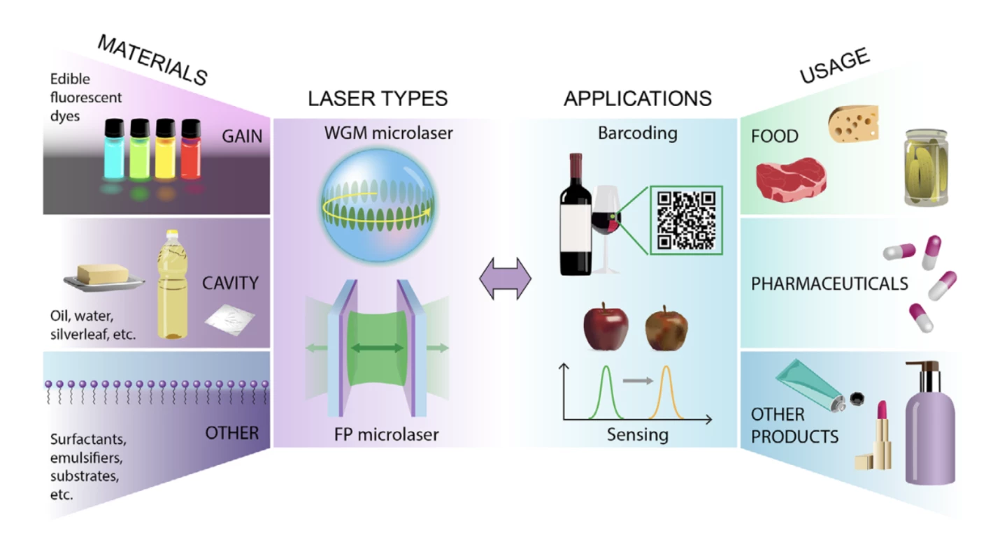 Development of completely edible whispering-gallery mode (WGM) and Fabry-Pérot (FP) microlasers. These lasers were employed for barcoding and sensing, enhancing authentication, and reducing the health risks of various products