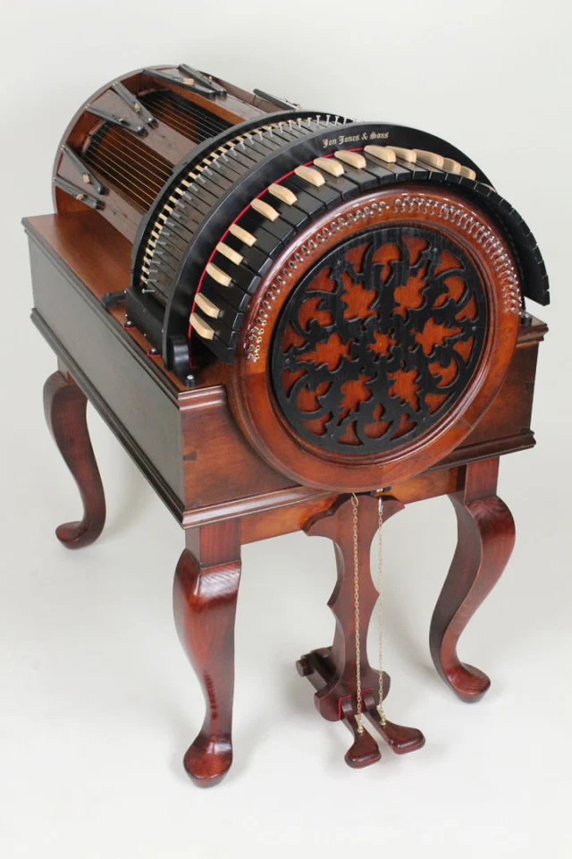 The left pedal activates and controls Wheelharp's full damper system, and the speed of the motor that turns the wheel is controlled via the right pedal