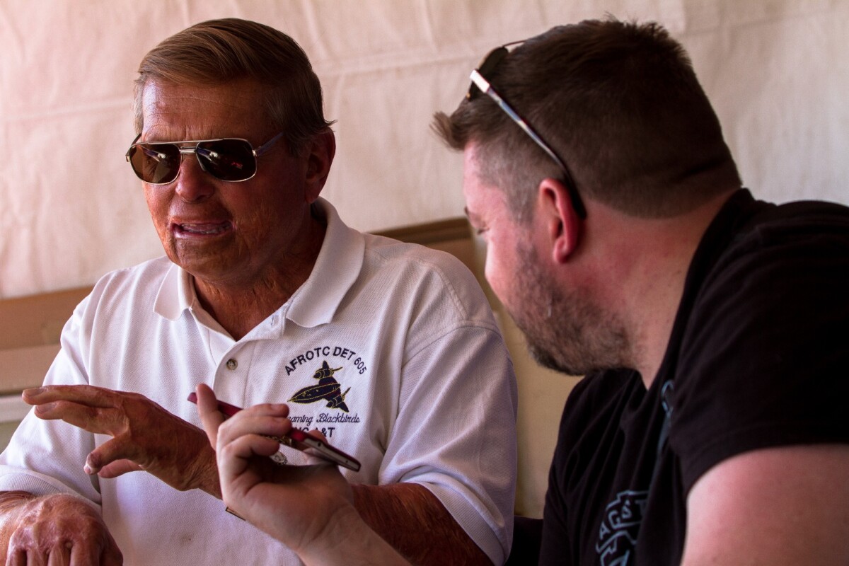 SR-71 pilot Brian Shul chats with New Atlas's Loz Blain at the Reno Air Race, 2016