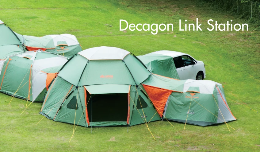 A Decagon Link Station hub with car tarpaulin, tent, and link to an additional hub