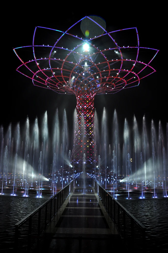 The Tree of Life measures 37 meters (398 ft) in height and is reflected in the water of the Lake Arena