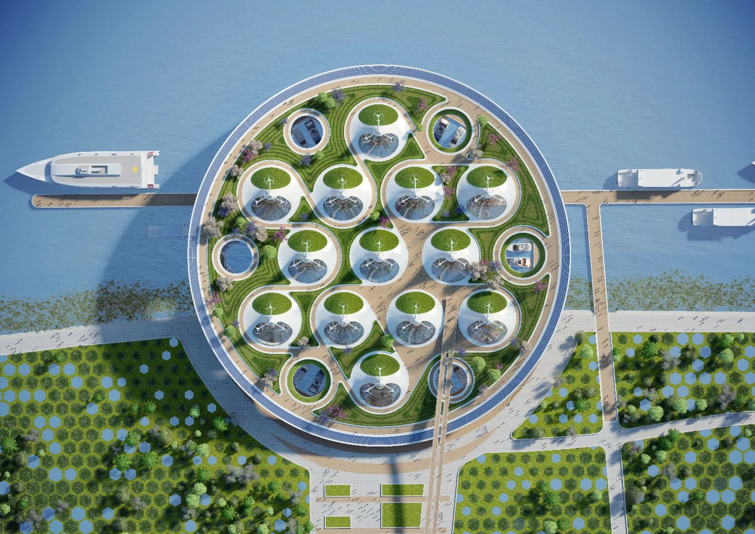 The Manta Ray project actually consists of two parts: an extensive landscaping project and the floating ferry, called Yeoui-Naru