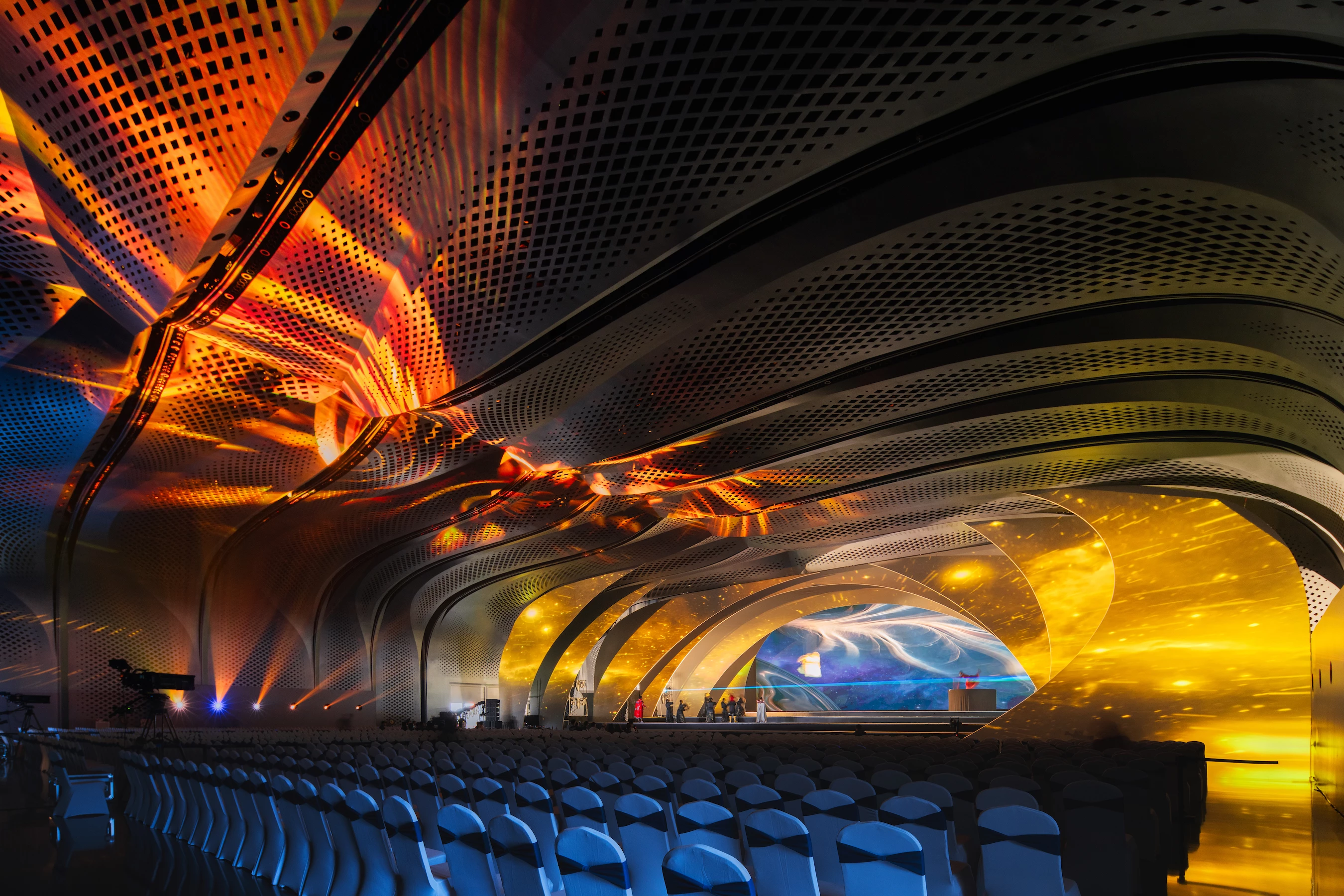 The Chengdu Science Fiction Museum includes exhibition spaces, conference halls, event areas, galleries, and theaters