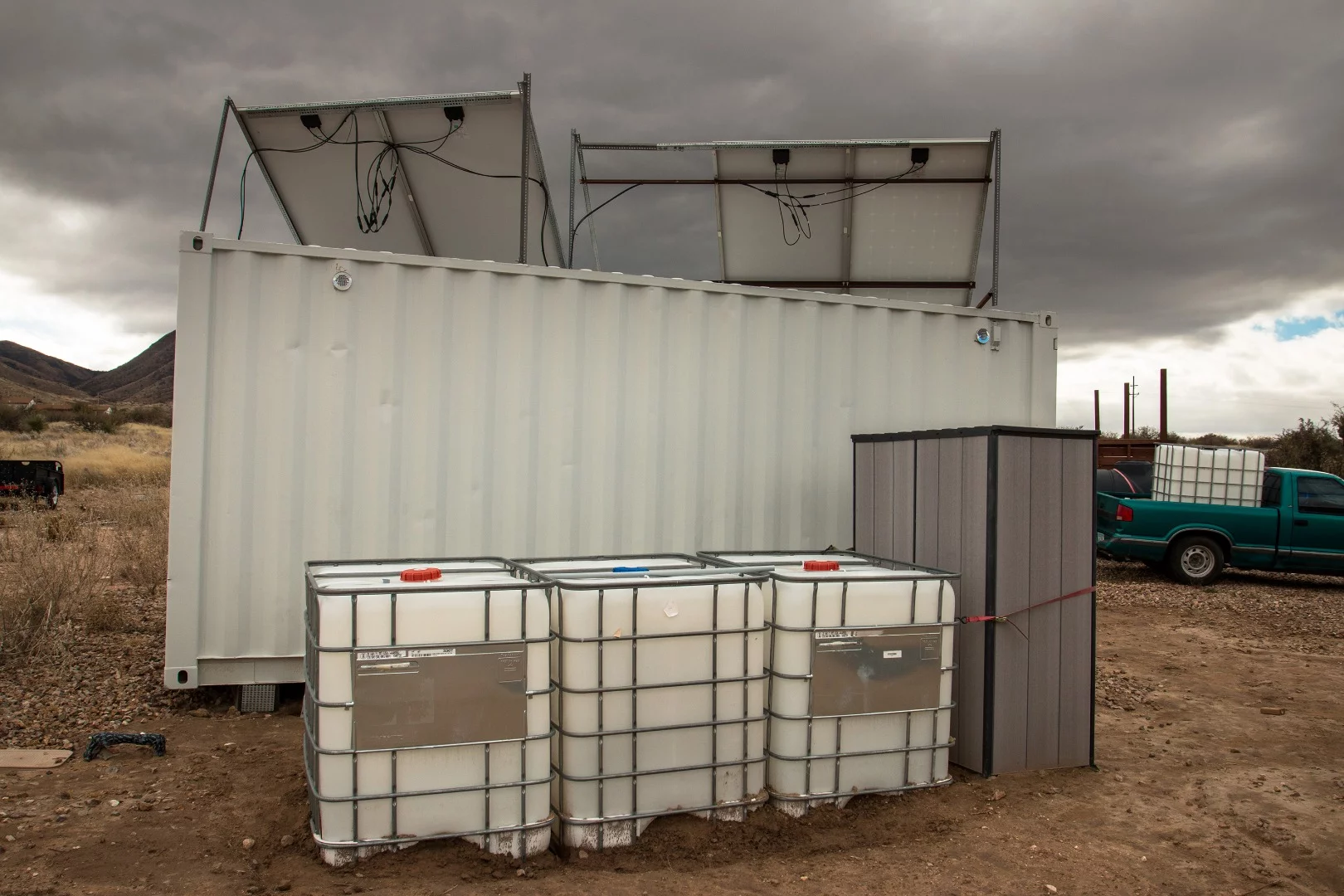 Fresh water storage tanks. In all, he has 1050 gallons worth of fresh water which can last him as long as 6 months with careful conservation and planning.