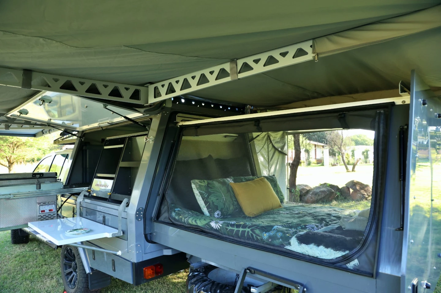 The rear bedroom includes PVC and mosquito mesh sidewalls