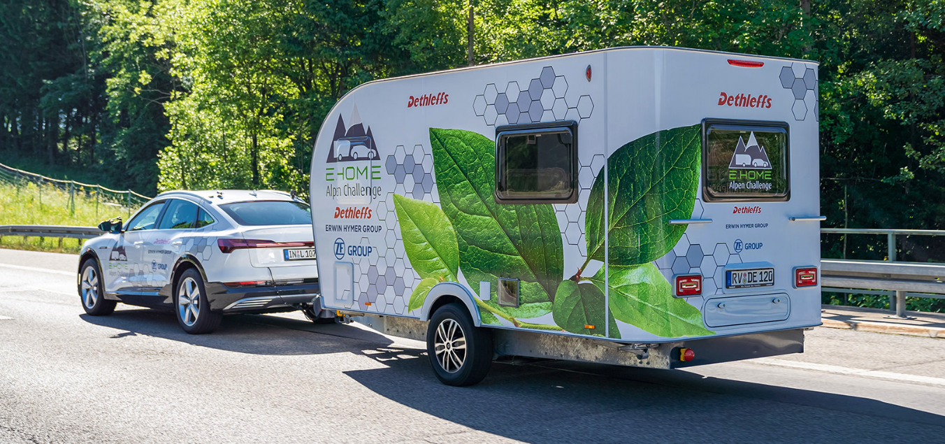 The E.Home Coco prototype allowed the Audi E-tron Sportback to make use of its full range while towing the trailer across the Alps