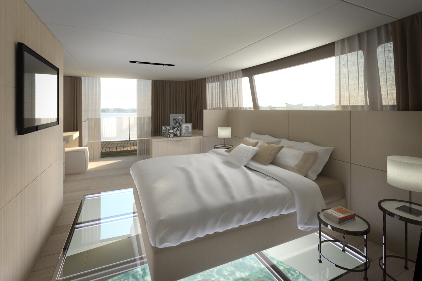 Fully equipped master bedroom with a glass-bottom floor
