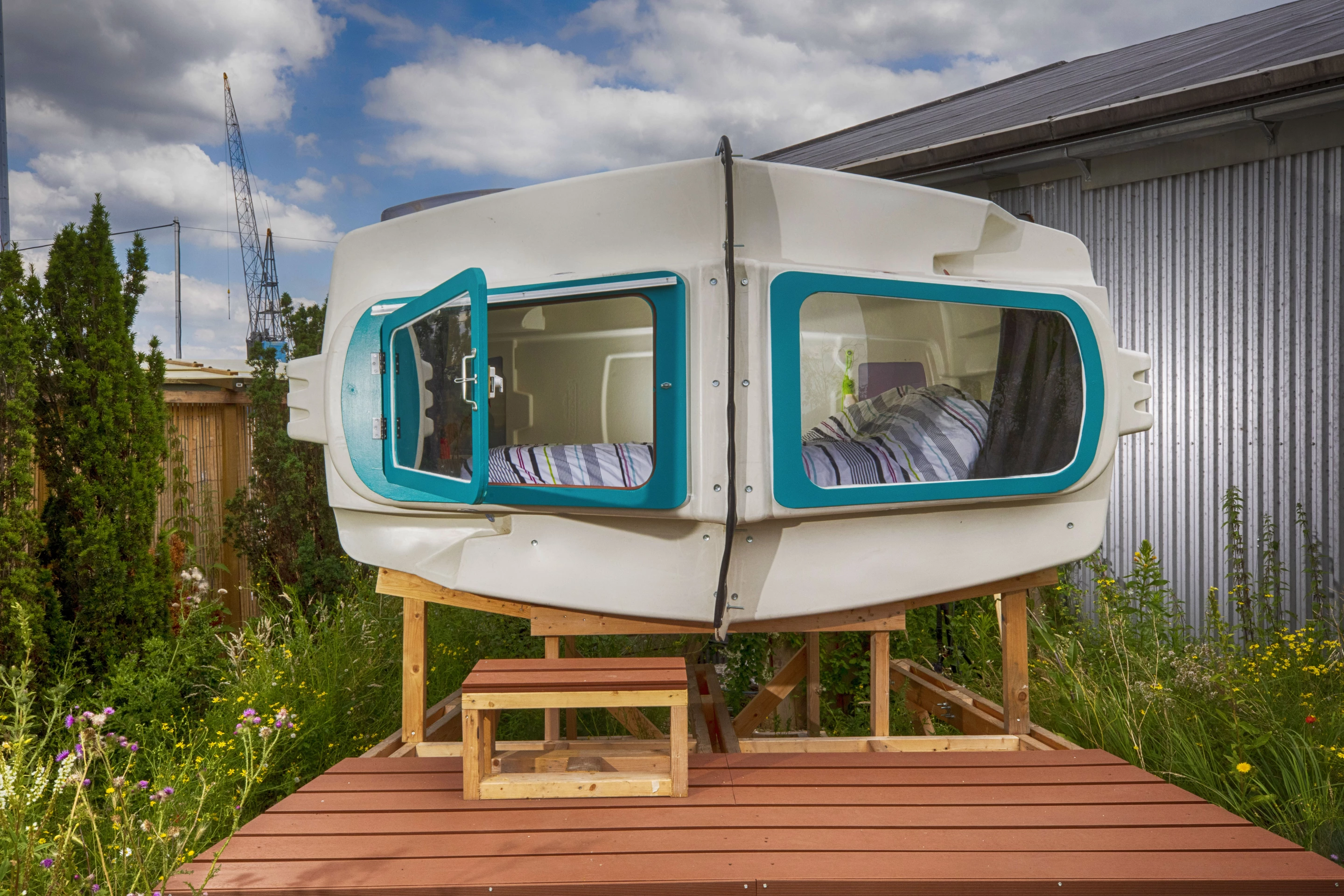 Scuba was built by combining two "calf igloos," which are used for raising calfs on farms. It was designed by Studio Made By