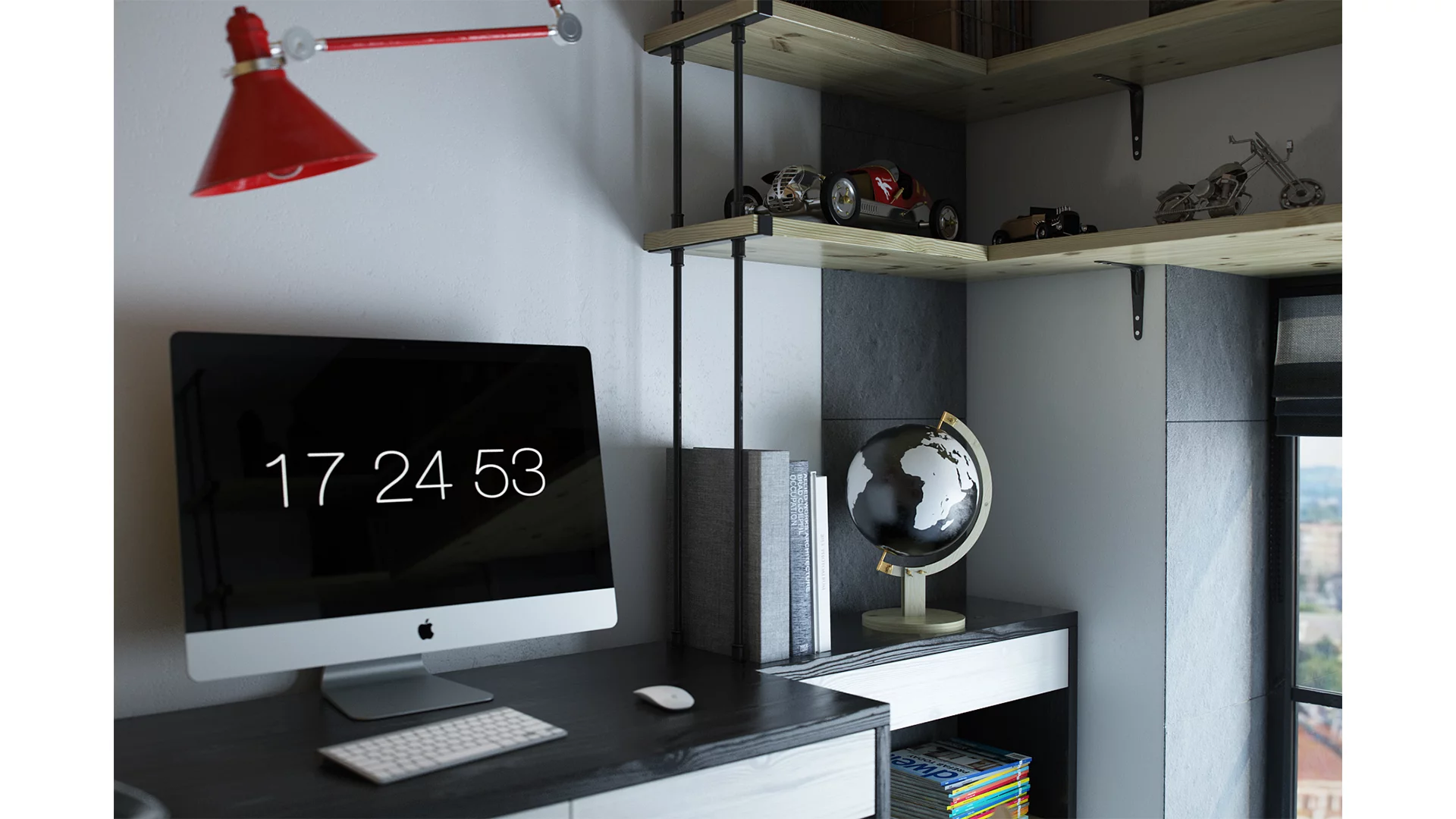 The loft includes an office/study, complete with built-in desk, shelves and overhead lamp