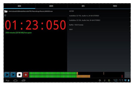 The main page of eXtream's USB Audio Recorder PRO (tablet view)