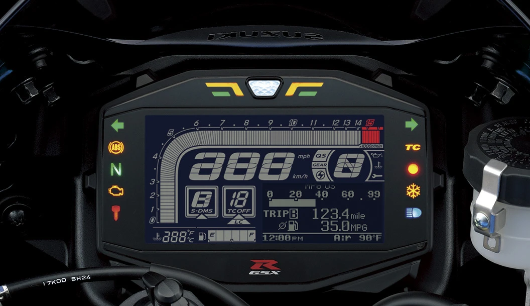 Adjusting the electronics of the 2017 Suzuki GSX-R1000R is done with the help of a handlebar switch and this busy screen