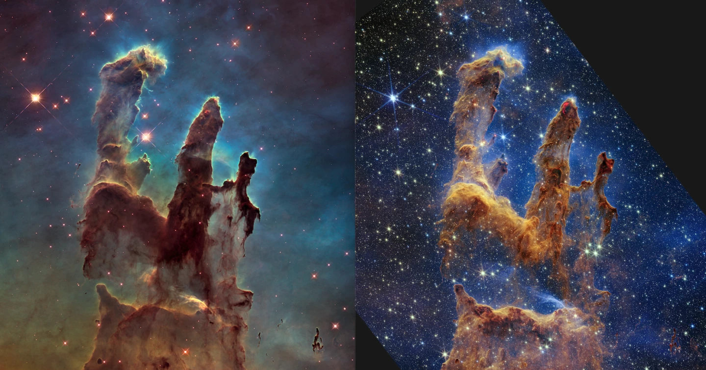 A comparison of images of the Pillars of Creation, with Hubble's 2014 image on the left and Webb's new image on the right