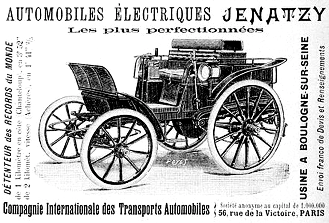 Automotive historians seem to have entirely overlooked the fact that Camille Jenatzy manufactured his own automobiles and his "duel" with Count Gaston de Chasseloup-Laubat was more a contest between Jenatzy and Jeantaud electric vehicles.
