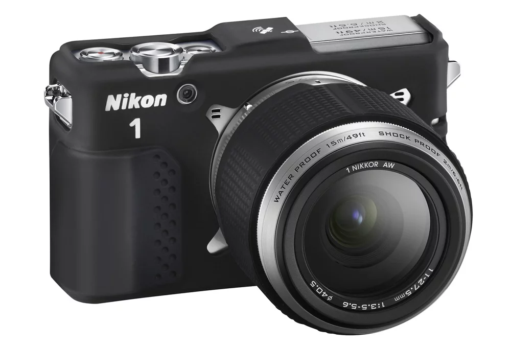 The optional camera and lens skins for the Nikon 1 AW1 give added grip and comfort