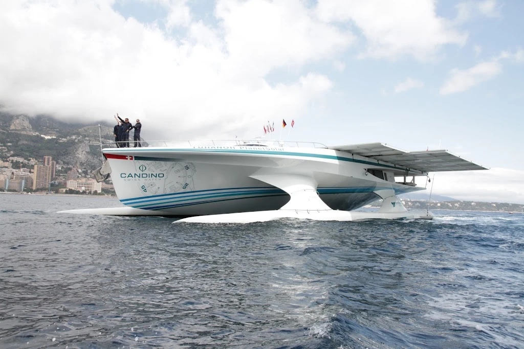 The TURANOR PlanetSolar, as it enters Monaco's Hercule Harbor