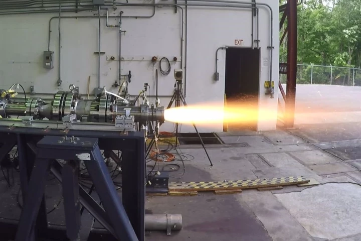 A ground test of the Solid Fuel Ramjet engine being developed for the US Army