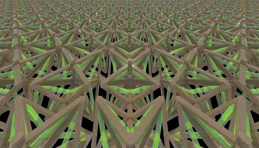 A bi-material microlattice structure, 3D printed from polymer and a polymer/copper composite material, can flex inward, causing the structure to contract when exposed to heat over a range of tens to hundreds of degree