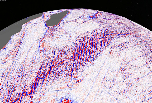 A gravity gradient model of the Southwest Indian Ridge, the slowest spreading ridge on Earth (Image: David Sandwell, Scripps Institution of Oceanography, UC San Diego)
