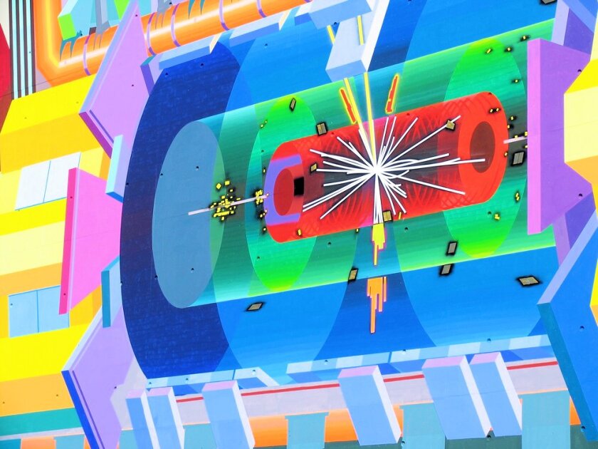 The side view into the ATLAS detector of Kristofoletti's mural, showing a decay pattern characteristic of a decaying Higgs boson (Photo: J. Kristofoletti)