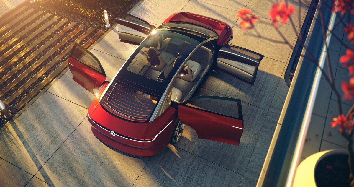 The opposing hinges on the doors make for a wide entryway with a pillar-less space between the front and back doors of the Volkswagen ID Vizzion concept