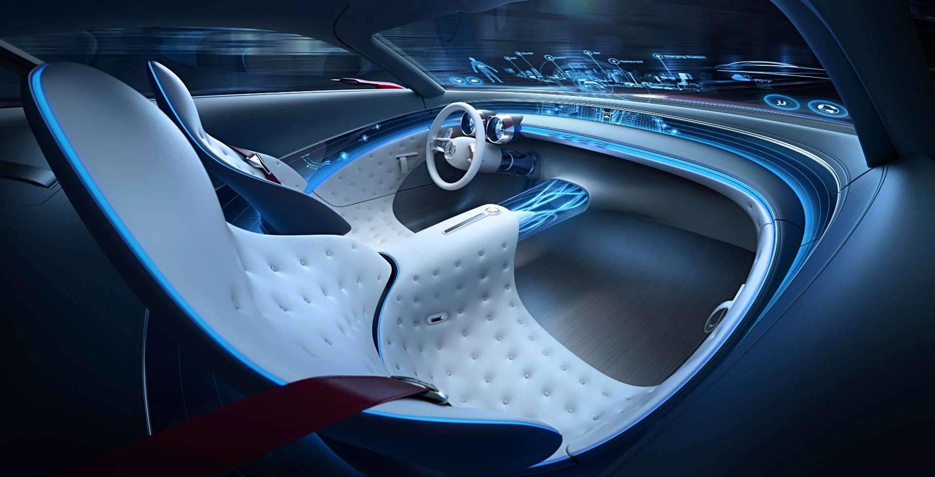 The glass wraparound display on the Vision handles most minor cabin functions
