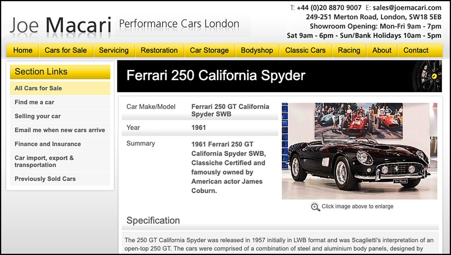 Joe Macari is selling the thirteenth of the 55 Short-wheelbase California Spyders built - a car with a particularly distinguished provenance that once held the world record price for a car sold at auction.