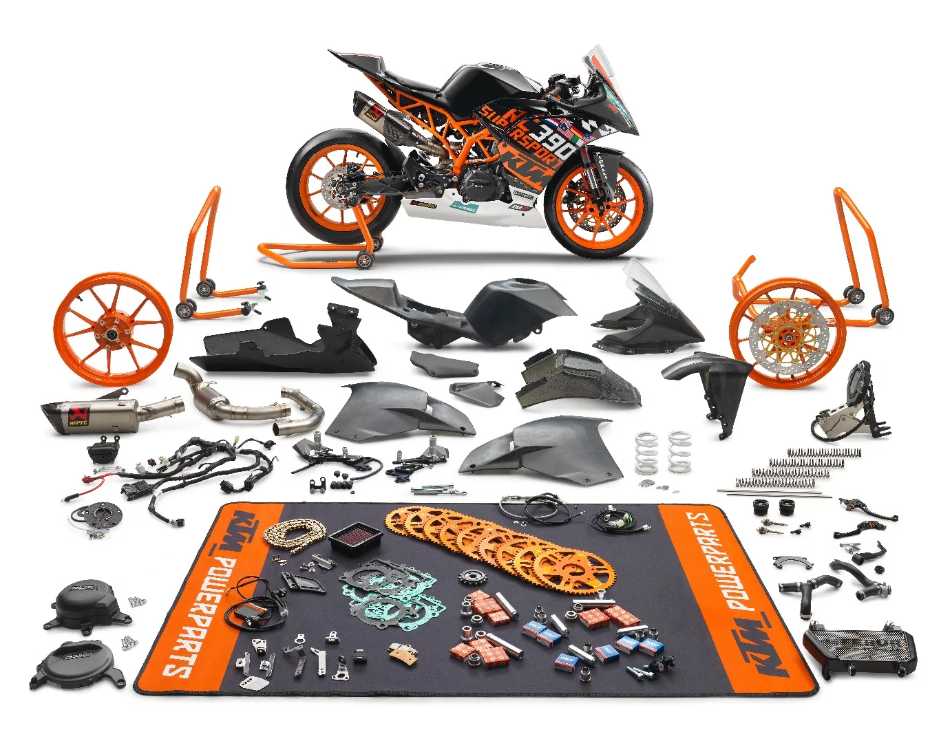 KTM RC390R SS300 race kit - a homologated set of over 230 pieces from bodywork, to wheels, to exhausts, radiators and gearing options that takes the RC390R into World Supersport 300 territory