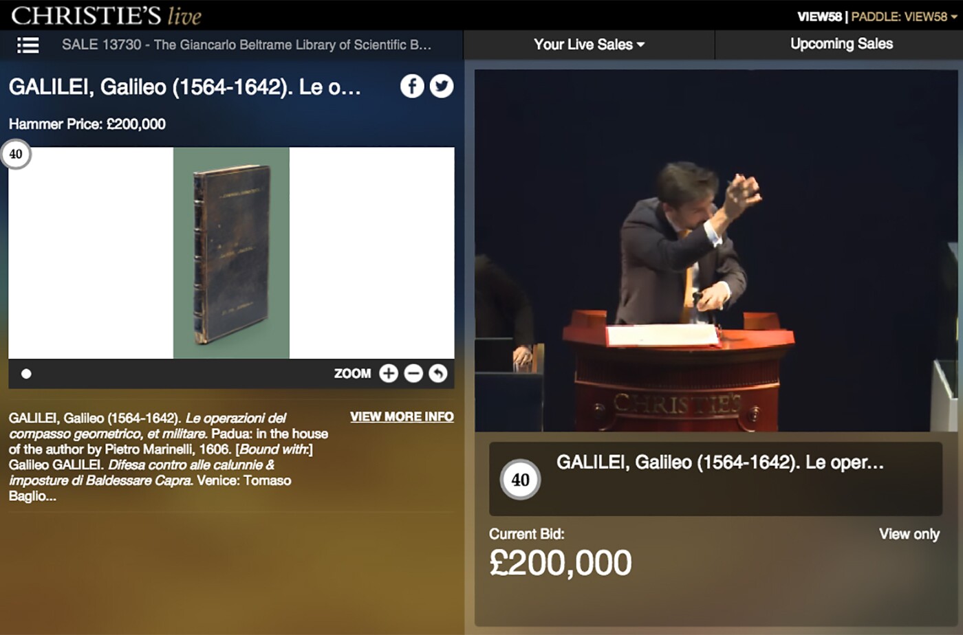 A rare first edition of Galileo's first printed work and the first published work on an analogue calculator which he had begun manufacturing in 1597. The book is believed to one of only 60 copies produced by Galileo for patrons and buyers his 'geometrical and military compass'. Galileo's sector was based on the proportional compass, an instrument first developed by Commandino, but Galileo's version included numerous additions and improvements that rendered it the most useful mathematical instrument of its period. As a calculating device, Galileo's compass remained unsurpassed until the advent of the slide rule in the mid-19th-century. The book sold for £242,500 ($320,350).