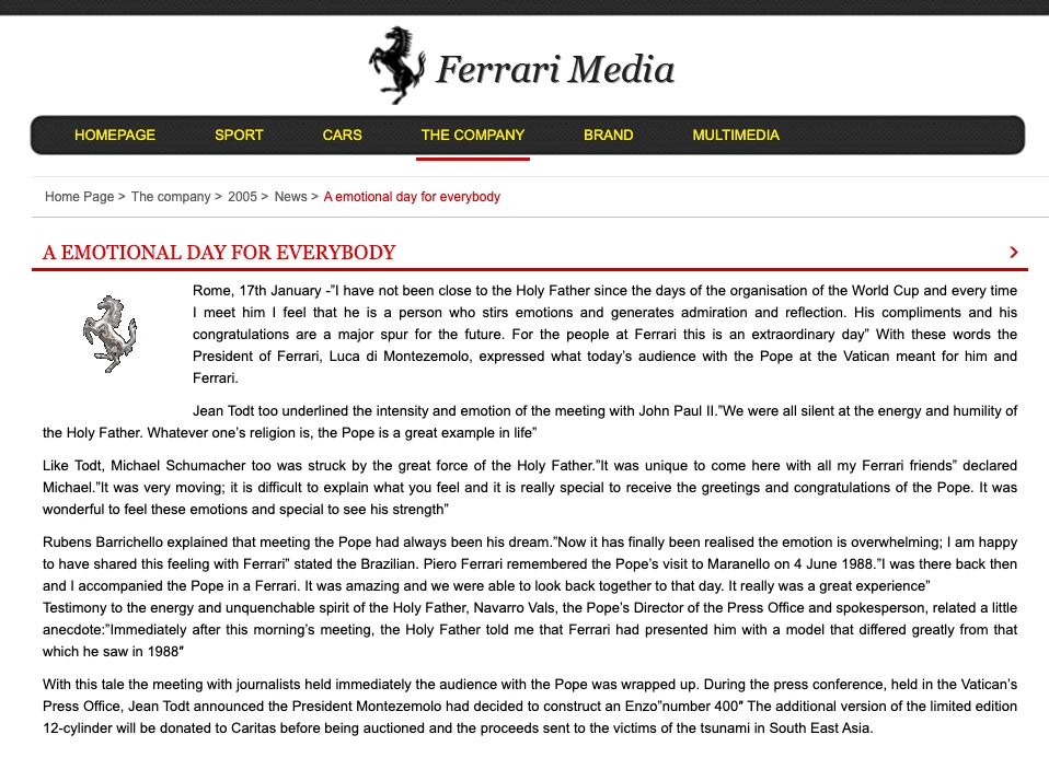 After a quick discussion between the powers-that-be within Ferrari, this second press release was issued later on the same day - 17 January 2005, announcing a 400th Ferrari Enzo.