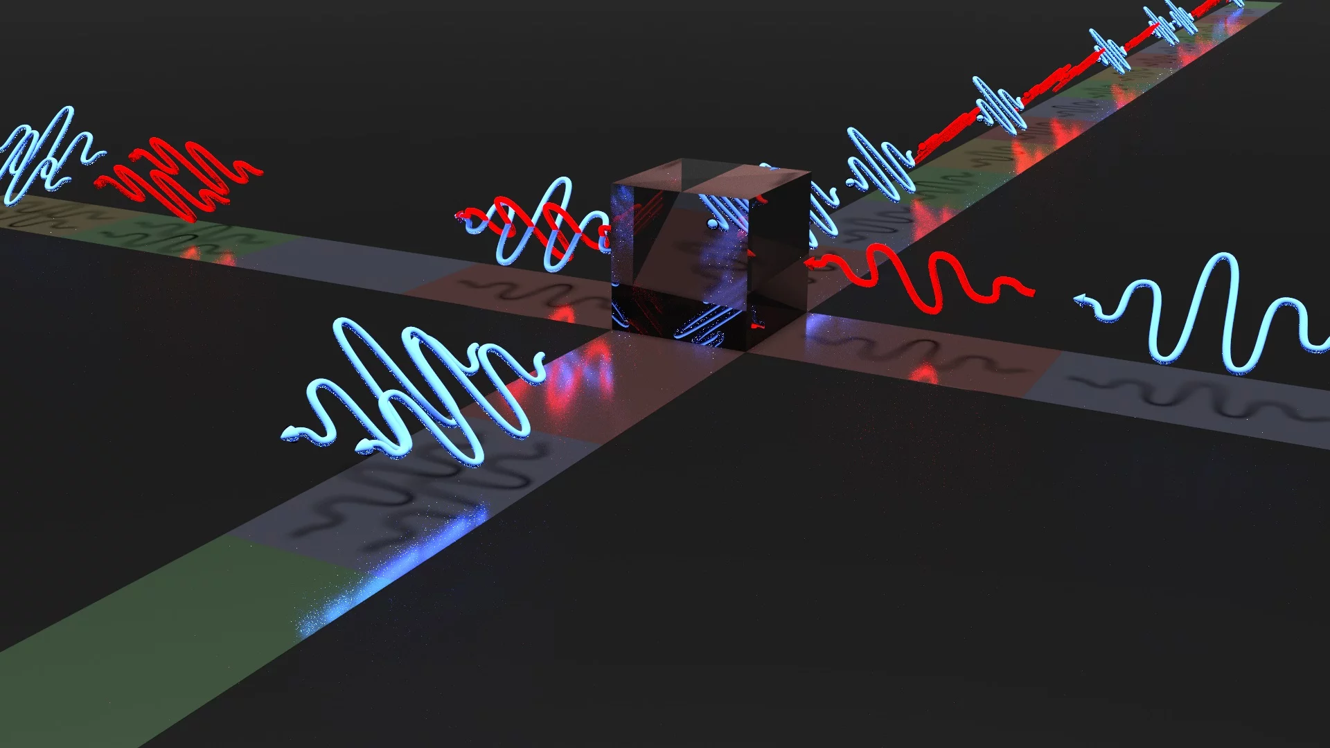 Depiction of indistinguishable photons leaving through the same output port of a beam splitter