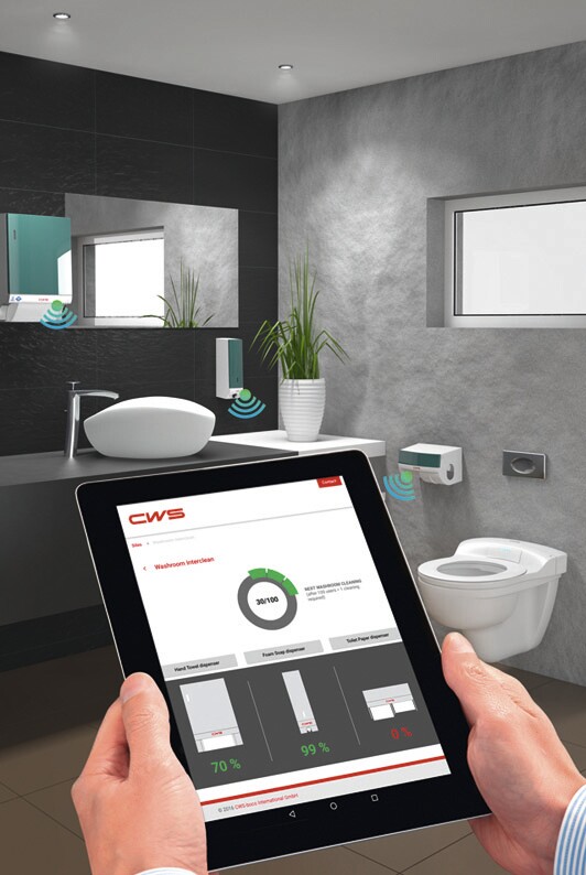A list of dispensers requiring attention could appear on a chief custodian's computer, on individual employees' tablets, or even on displays mounted on the wall beside each bathroom