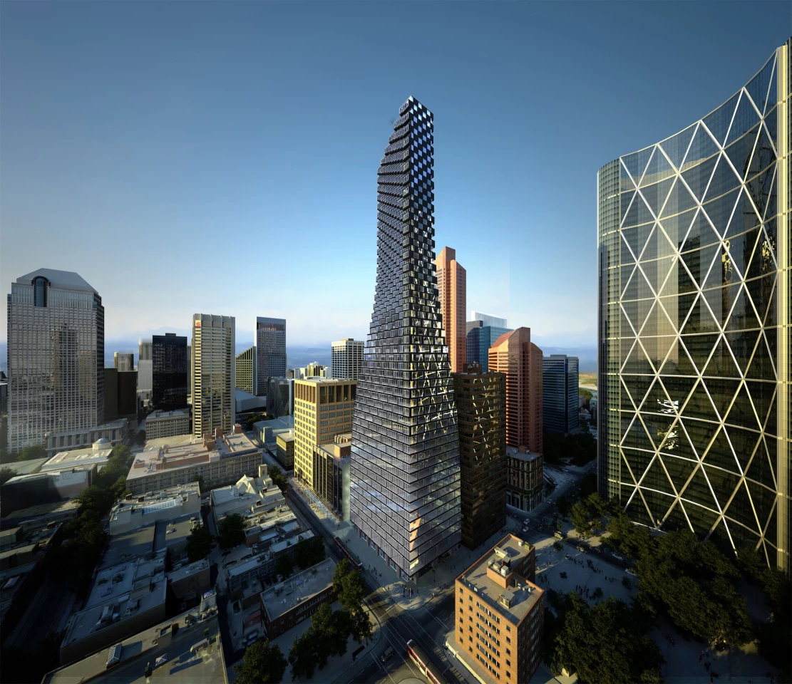Telus Sky tower was designed by Bjarke Ingels Group and reaches a height of 222 m (728 ft) in Calgary, Canada. The building came second place in the 2021 Emporis Skyscraper Award
