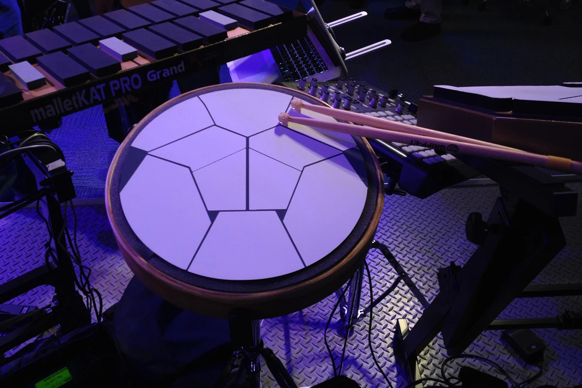 The Jambé can be mounted on standard drum stands for integration into a full acoustic or digital kit