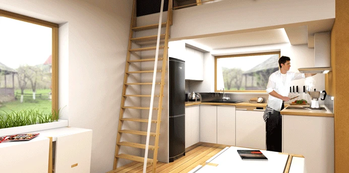 The home’s high ceilings offer impressive interior dimensions and facilitate the use of an elevated zone positioned above the kitchen