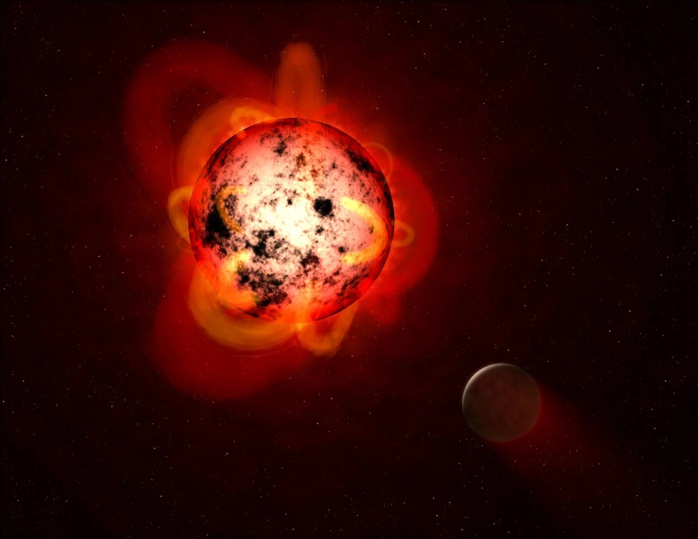 This illustration shows a red dwarf star orbited by a hypothetical exoplanet