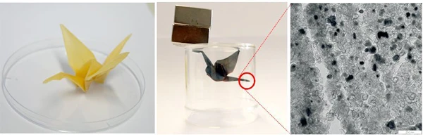Treated with iron nitrate and heat, this everyday origami crane becomes conducting crane