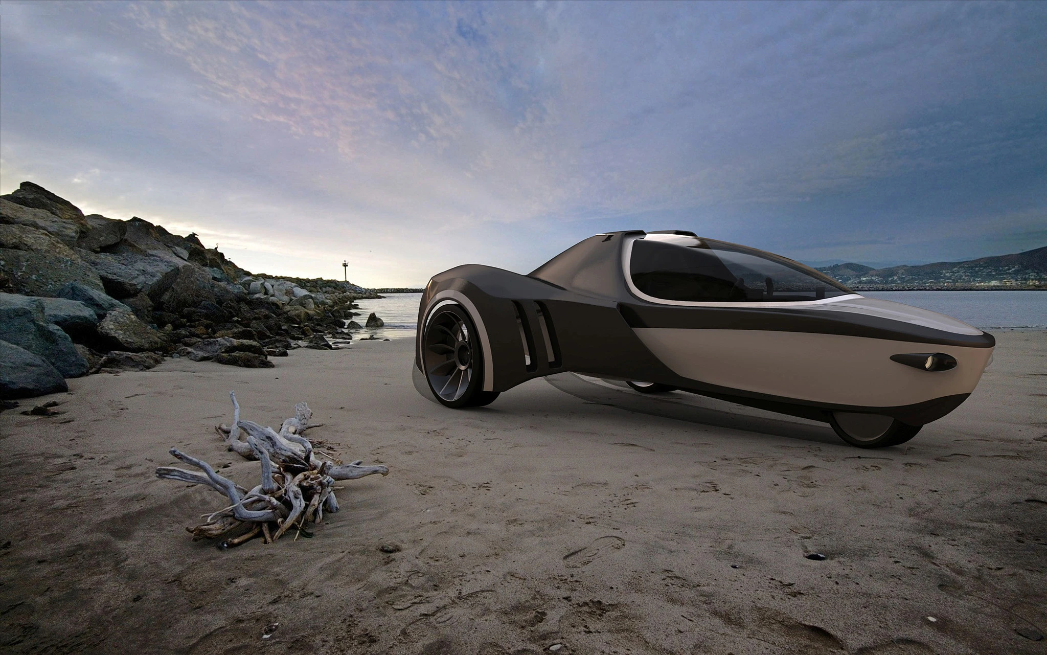 The Manta three-wheeled electric vehicle concept is good for land or sea