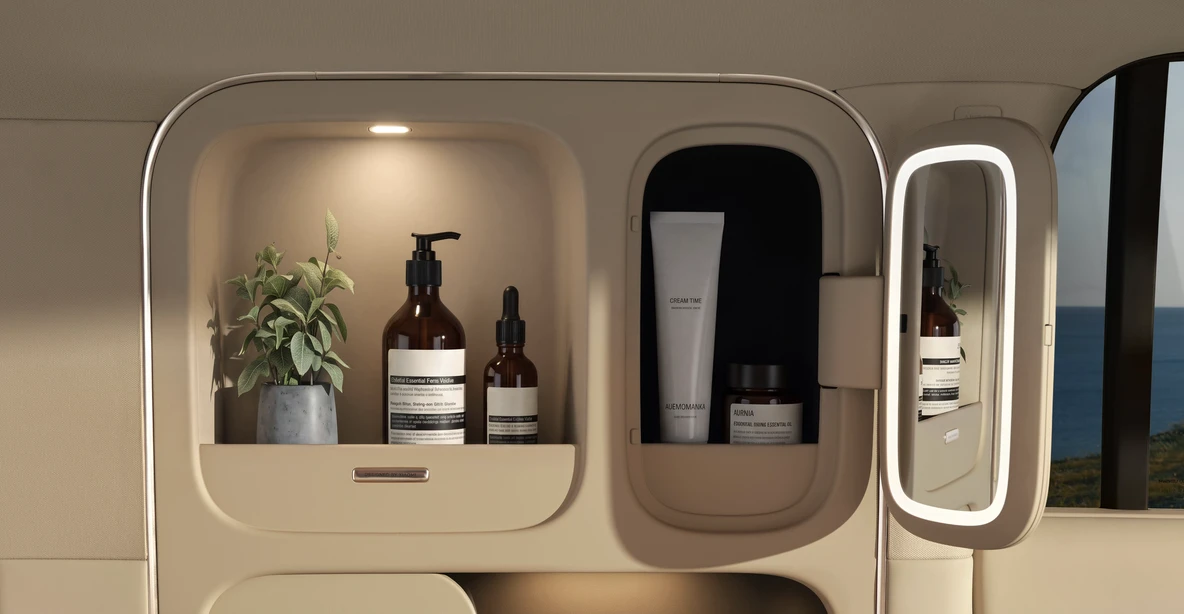 There's no room for a bathroom, but the Max Studio does have this medicine cabinet-style storage area with vanity mirror