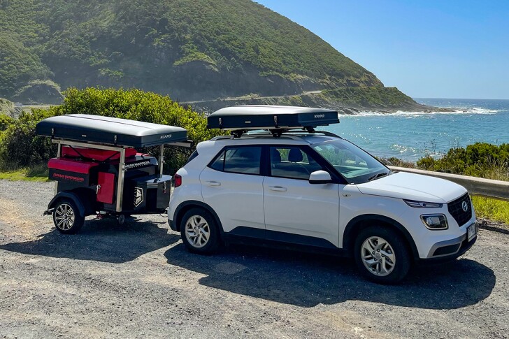 This little camper duo might look tiny, but with a Skycamp 3.0 on the trailer and a Skycamp 3.0 Mini on the Hyundai Venue, it sleeps up to six people up high