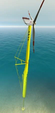 The floating tower is anchored to the seabed with a single pipe and a suction anchor