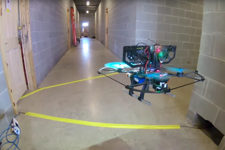 A DARPA FLA UAV negotiates an indoor course at high speed